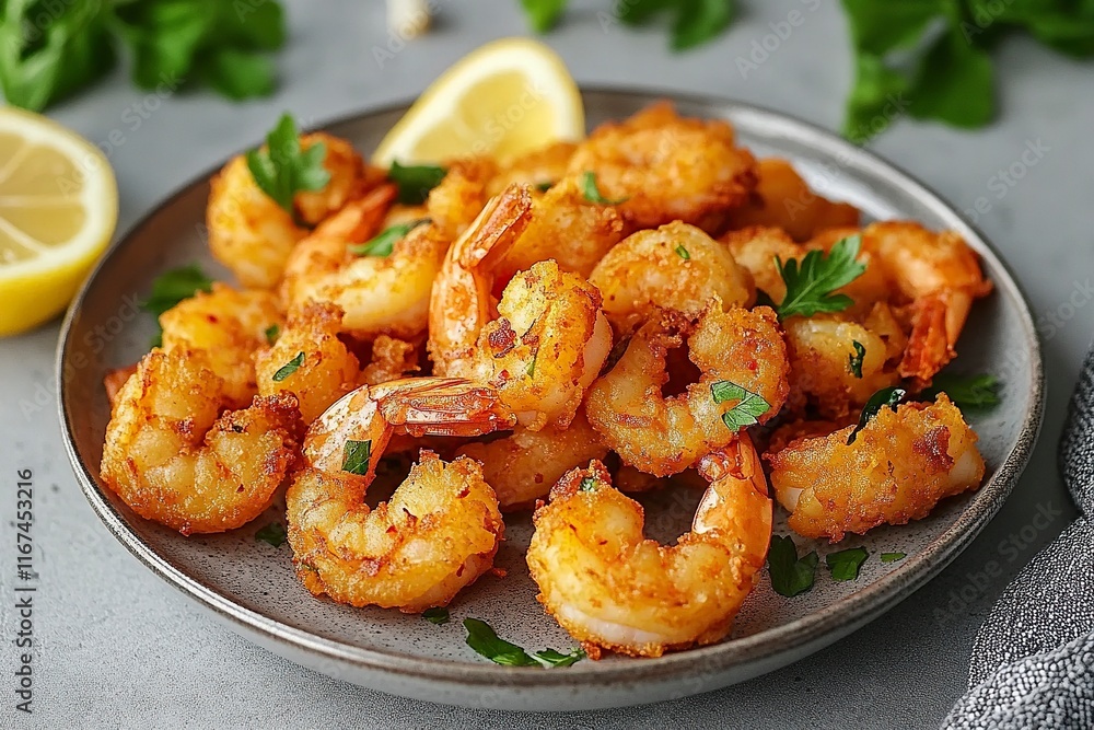 Tasty cooked fried shrimp with chilli and lemon on a gray concrete background. Healthy seafood. whit generative ai