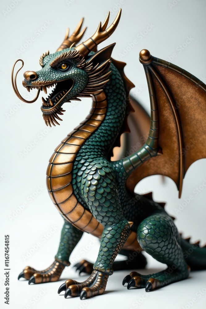 Fototapeta premium Majestic bronze dragon statue, clawed feet and flowing whiskers , protective, art
