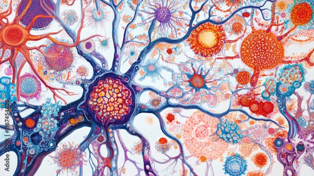 Abstract colorful illustration of neuron cells and synapses. Abstract colorful illustration of neuron cells and synapses.