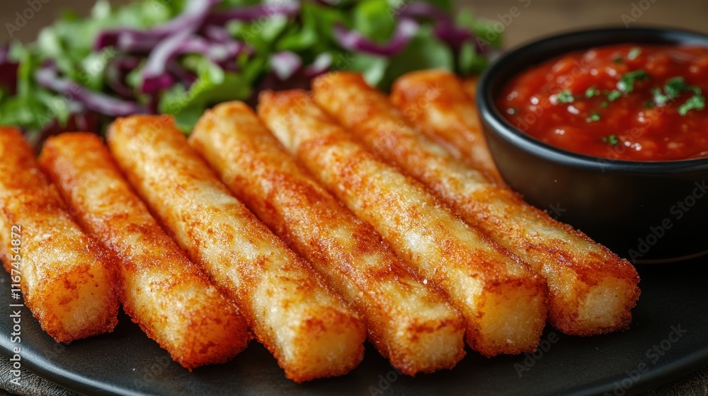 A plate of crispy fried sticks served with salsa and fresh salad. A plate of crispy fried sticks served with salsa and fresh salad.