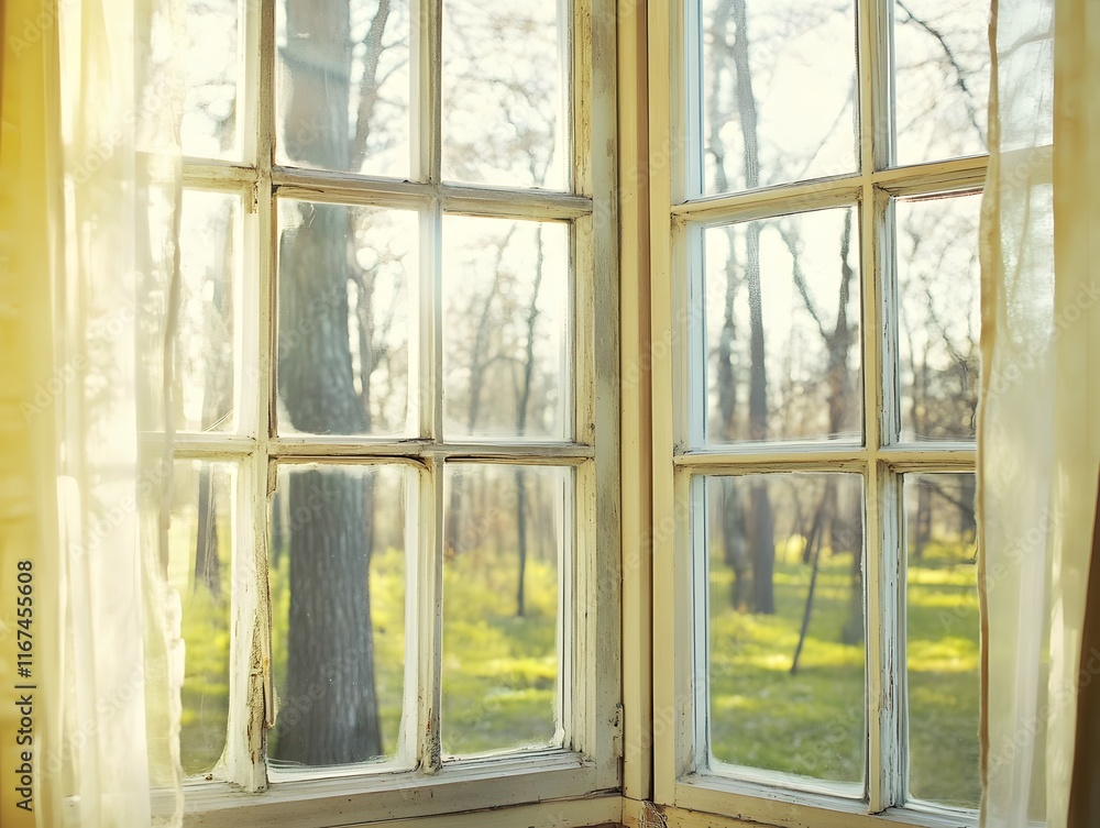 Fototapeta premium photo of window from inside the house, and there is a beautiful house decoration or pot with a little sun glare, aesthetic and clear hd