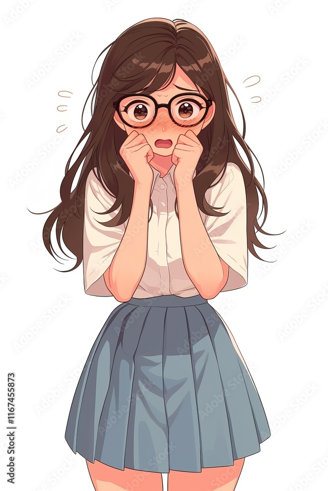 portrait cute embarrassed anime schoolgirl in glasses isolated on white background portrait cute embarrassed anime schoolgirl in glasses isolated on white background