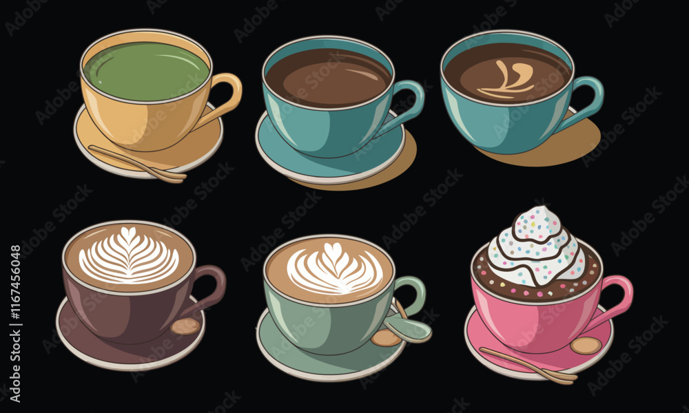 Set of 6 Colorful Coffee and Tea Cups with Latte Art, Hot Drinks Collection Set of 6 Colorful Coffee and Tea Cups with Latte Art, Hot Drinks Collection