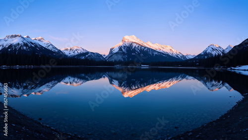 A mountain mirror lake with snow-capped mountains and forest. Reflection of the mountains. photo