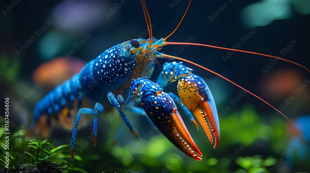 A blue and orange crab is in a tank with other fish A blue and orange crab is in a tank with other fish