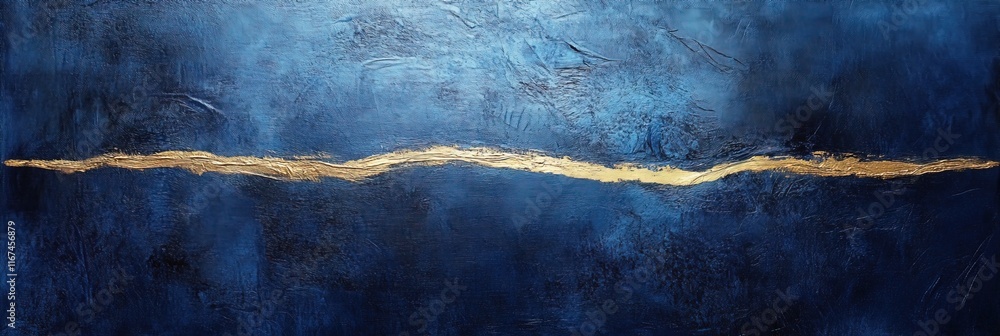 Naklejka premium abstract banner gold line on textured background surface of blue acrylic or oil canvas