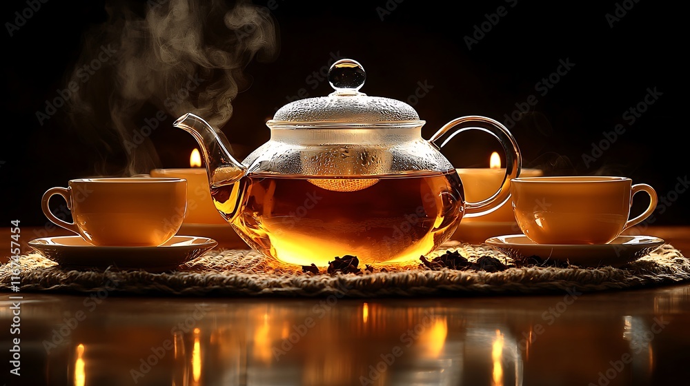 Glass Teapot Steaming Hot Tea With Two Cups And Candles Glass Teapot Steaming Hot Tea With Two Cups And Candles