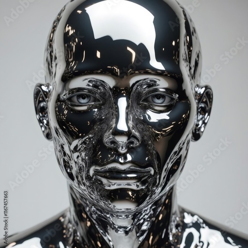 Retrato futurista de rostro androide con superficie metálica brillante, expresión neutral y diseño minimalista, concepto de inteligencia artificial, arte digital 3D
