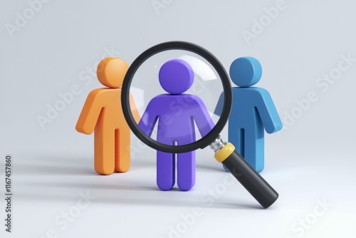 A magnifying glass focuses on a purple figure among orange and blue figures, symbolizing candidate selection or talent search.