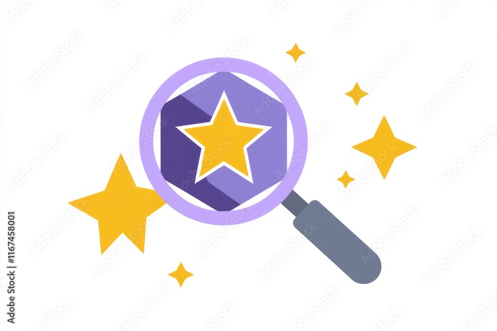 Fototapeta premium Magnifying glass reveals a star within a hexagon, surrounded by smaller stars, symbolizing the discovery of excellence.
