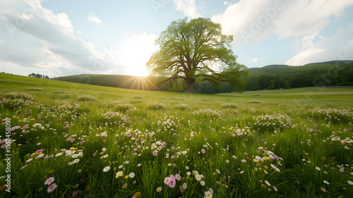 massive lush green field with clusters of flowers throguhout. with tree that is biig as a mountain beautiful suuny sky. photo