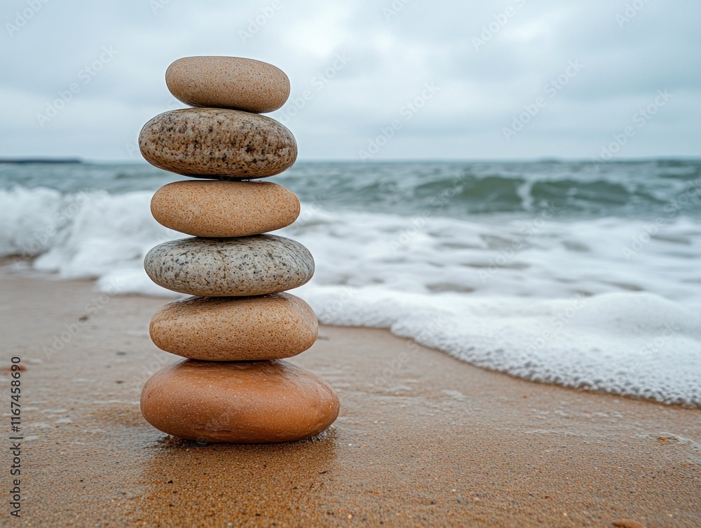 Balanced stack of smooth stones on sandy beach Balanced stack of smooth stones on sandy beach