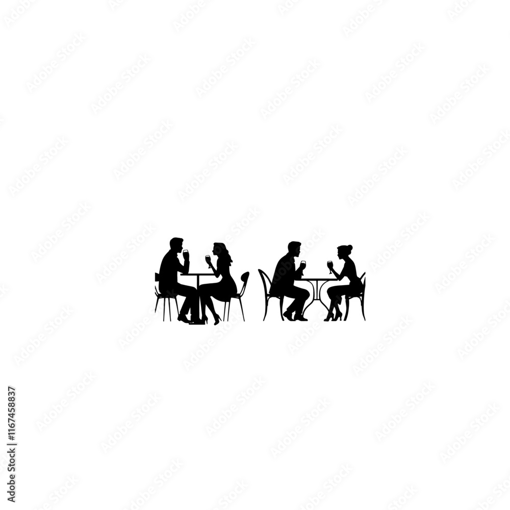 People in cafe. Four people in cafe silhouette. Couple having dinner at a restaurant isolated white background, Four people in cafe silhouette. People in cafe. Four people in cafe silhouette. Couple having dinner at a restaurant isolated white background, Four people in cafe silhouette.