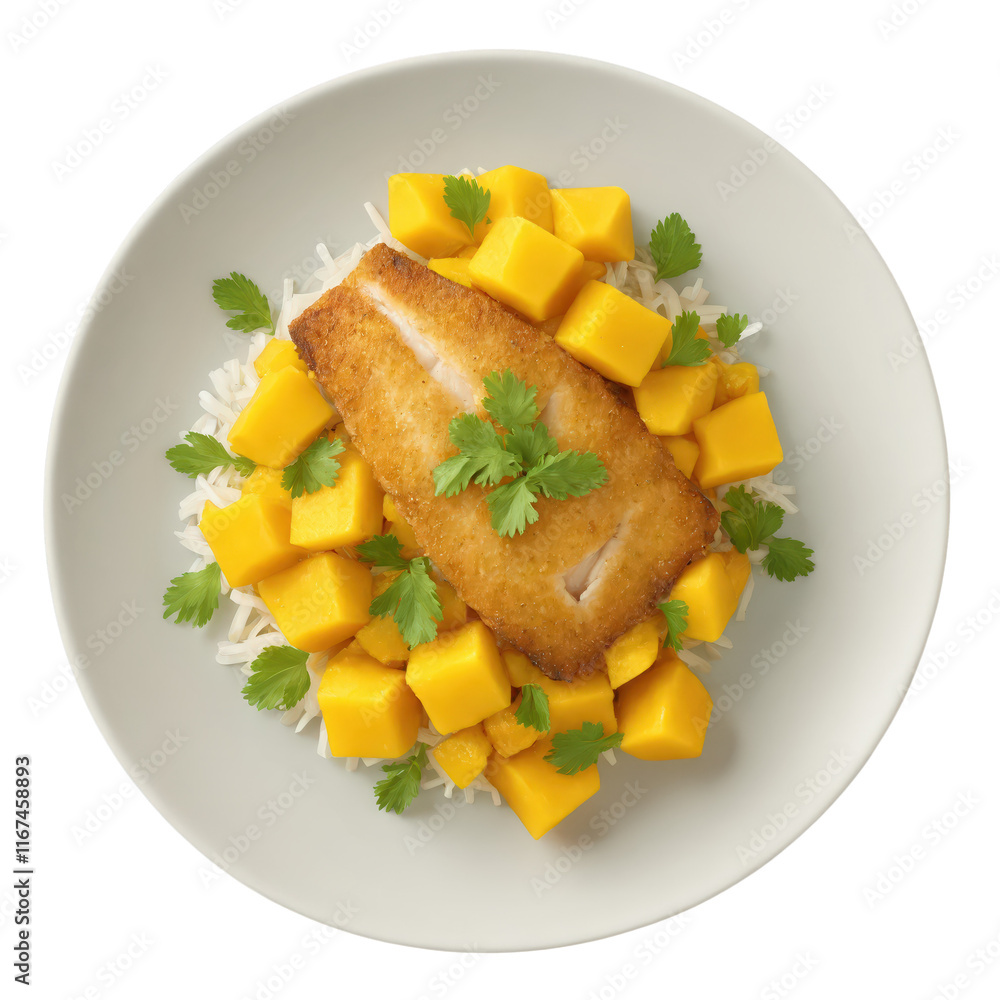 Fried Fish with Mango Salsa - Crispy fried fish topped with a sweet and tangy mango salsa made with diced Fried Fish with Mango Salsa - Crispy fried fish topped with a sweet and tangy mango salsa made with diced