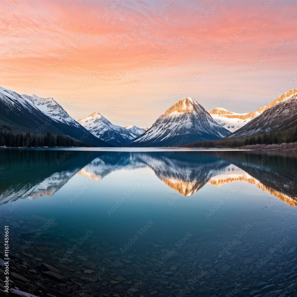 A mountain mirror lake with snow-capped mountains and forest. Reflection of the mountains. A mountain mirror lake with snow-capped mountains and forest. Reflection of the mountains.