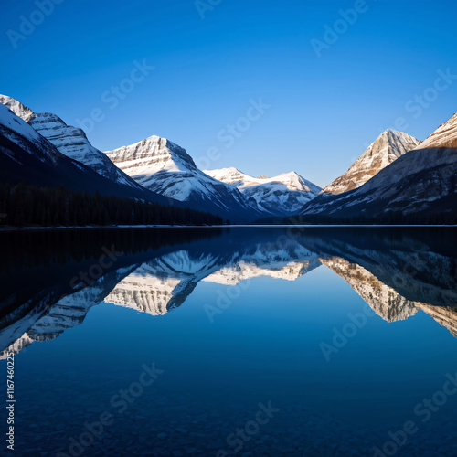 A mountain mirror lake with snow-capped mountains and forest. Reflection of the mountains. photo