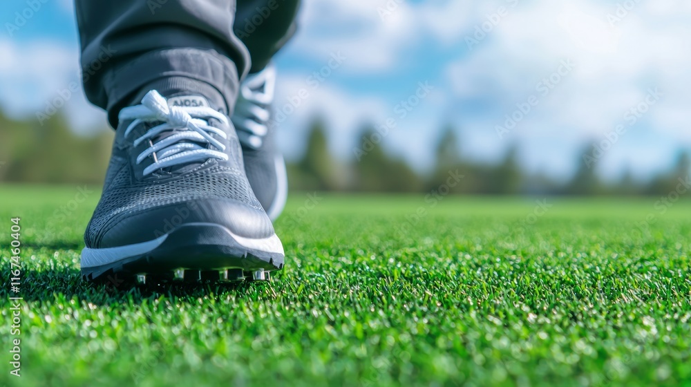 Golf Player's Stable Footing with Detailed Shoe Tread on Grass Close-Up Photo Golf Player's Stable Footing with Detailed Shoe Tread on Grass Close-Up Photo