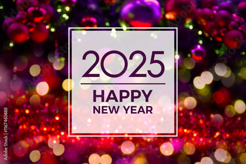 2025 Happy New Year greeting card with christmas purple bokeh lights frame stock images. 2025 New Year background with night defocused lights images. Template for background, banner, card