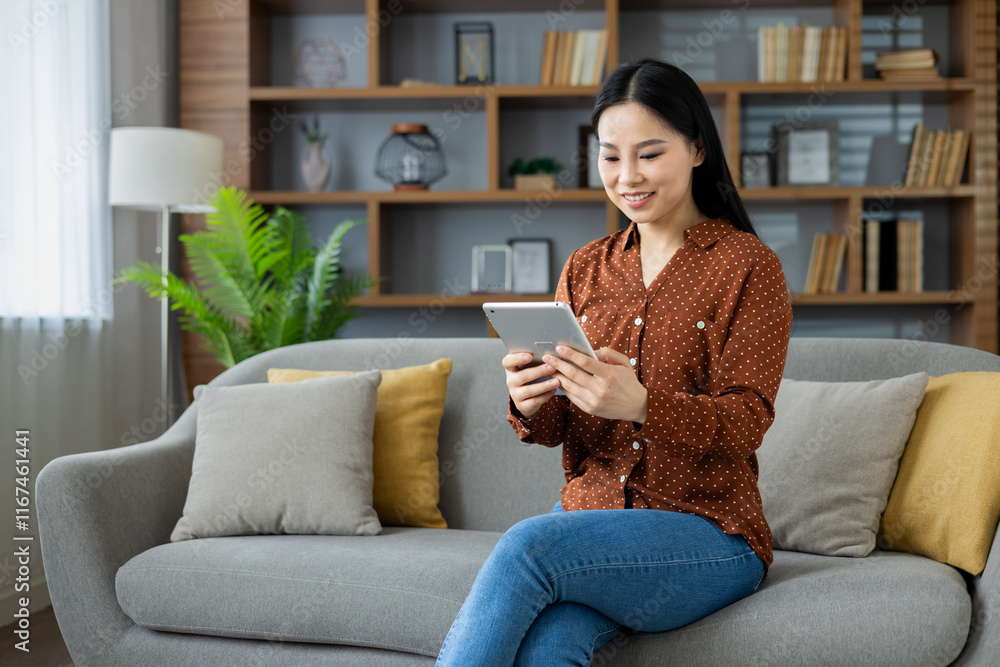 Obraz premium Young Asian woman sitting at home on the couch smiling happily using a tablet computer, using an educational app and reading online books, watching video streams.