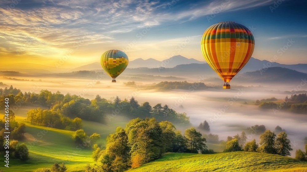 Obraz premium Serene Hot Air Balloon Ride Over Scenic Landscape