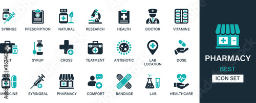 Pharmacy icon set. Medicine, bandage, medication, prescription, treatment, health and syringe symbol. Solid icons vector collection.