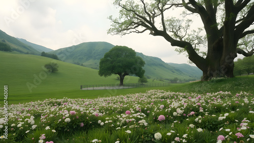 massive lush green field with clusters of flowers throguhout. with tree that is biig as a mountain beautiful suuny sky. photo