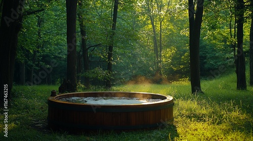 A large wooden tub in the middle a lush green forest, offering a serene and tranquil escape amidst nature. photo