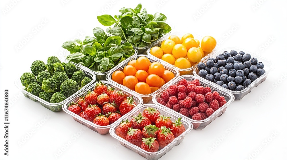 Vibrant arrangement of fresh fruits and vegetables in clear containers on a white background, showcasing various colors and textures. Vibrant arrangement of fresh fruits and vegetables in clear containers on a white background, showcasing various colors and textures.