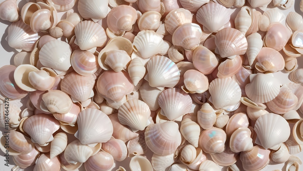 A large collection of pink and white seashells with glossy finishes, showcasing a variety of shapes and sizes, arranged closely together under soft natural light, creating a harmonious marine aestheti A large collection of pink and white seashells with glossy finishes, showcasing a variety of shapes and sizes, arranged closely together under soft natural light, creating a harmonious marine aestheti