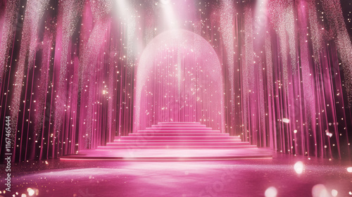 A luxurious pink stage adorned with glittering lights. Elegant award ceremony celebrating