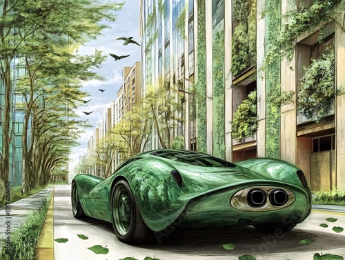 Futuristic Green Energy Concept: A Sleek Supercar Emitting Leaves Instead of Smoke on a Lush, Eco-Friendly Road Amid Modern Sustainable Architecture