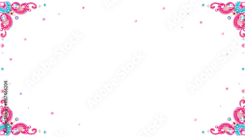 Could you create an embellished, bright pinks blues rhinestones sparkle and glitter enchanting frame, borders, illustration, badge, banner ,border frames, sparkly blank banner for a girl's birthday pa