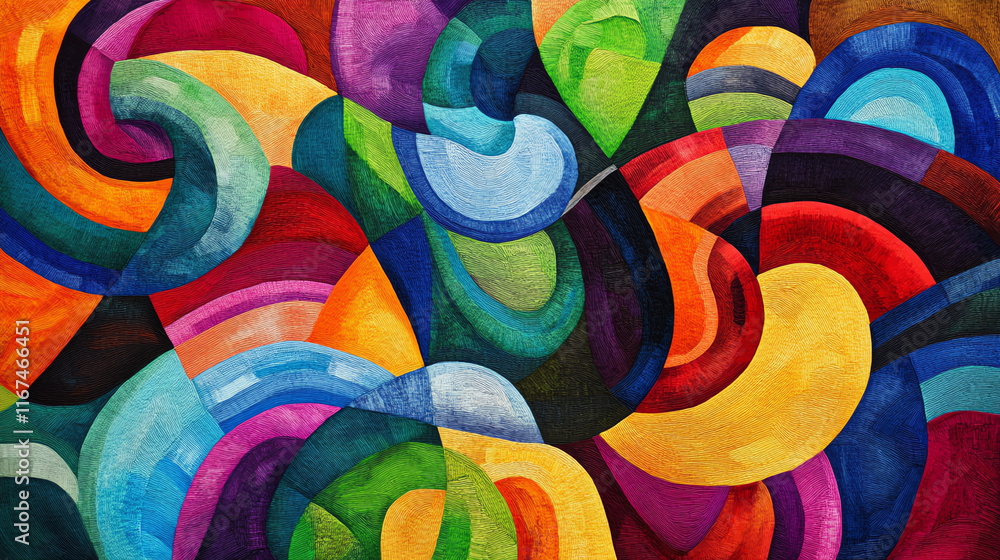 Fototapeta premium Vibrant abstract painting featuring swirling shapes and colors, creating a lively and dynamic visual experience.