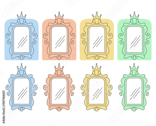 Mirrors with reflections.Antique accessory.Princes magical mirror.Hand drawn doodle mirror with crown.Mirror frame decorate border. Vector elements of a fairytale.Isolated on white background.