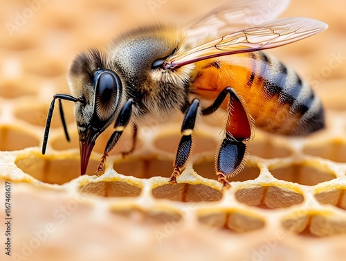 Pheromone Communication Within Geometric Beehive Abstract Close up View of Worker Bees with Compound Eyes and Proboscis photo