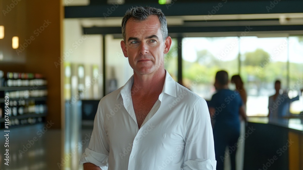 Man in white shirt stands confidently in modern indoor setting while people engage in conversation in the background Man in white shirt stands confidently in modern indoor setting while people engage in conversation in the background