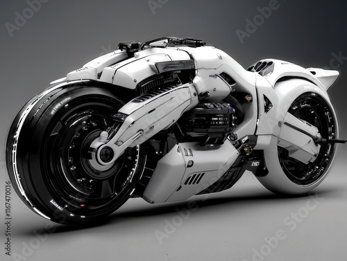 Generated ImagA striking white motorcycle features an aerodynamic design with sharp angles and advanced components. The minimalist studio setting highlights the bike's modern aesthetics and engineerie photo