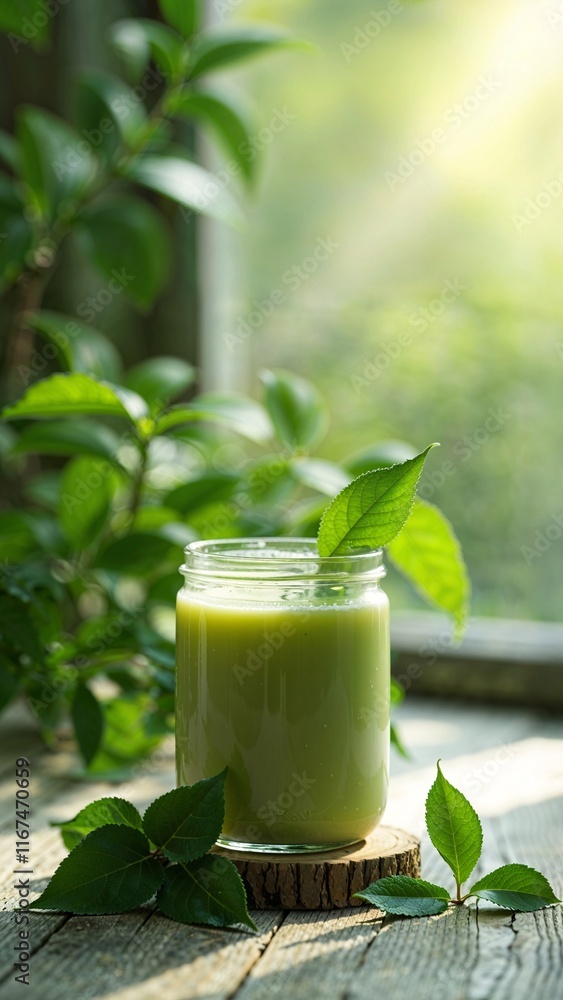 Green fresh juice on nature background Green fresh juice on nature background