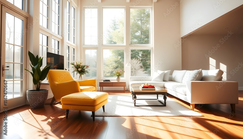 Bright Living Room with Large Windows, Modern Design, Natural Light Bright Living Room with Large Windows, Modern Design, Natural Light