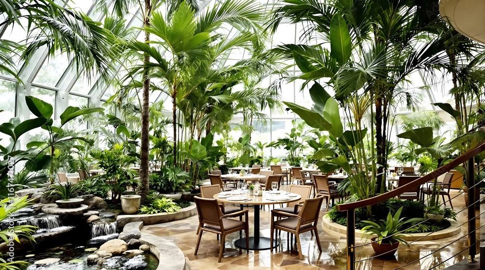 Fototapeta premium Tropical Indoor Restaurant, Lush Greenery, Dining Area, Nature Ambiance