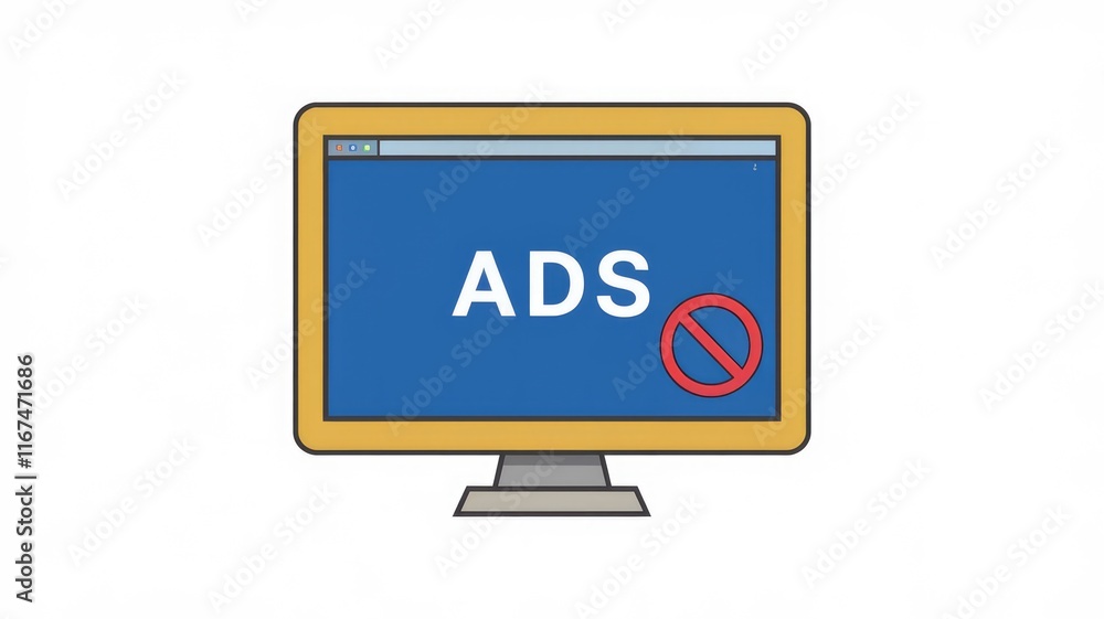 Computer screen displaying 'ADS' with a prohibition symbol, indicating ad blocking. Computer screen displaying 'ADS' with a prohibition symbol, indicating ad blocking.