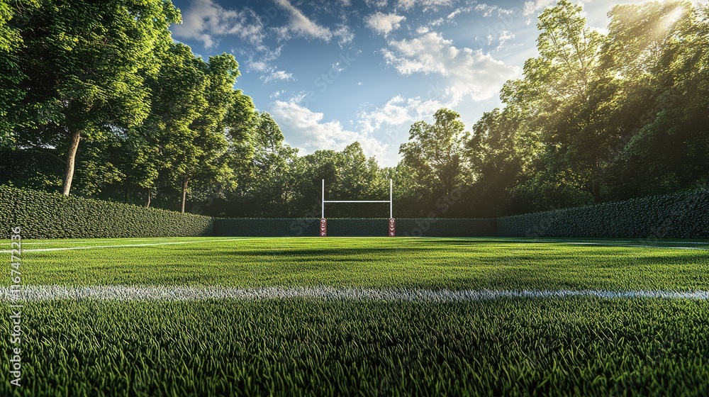 A serene rugby field surrounded by lush greenery under a bright sky. A serene rugby field surrounded by lush greenery under a bright sky.