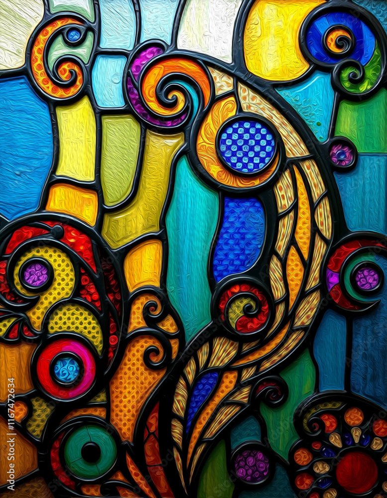 Fototapeta premium Colorful stained glass window. . Multicolored interior design template. Oil painting