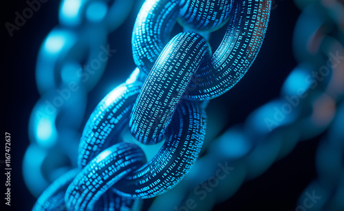 A glowing chain with intricate digital patterns, symbolizing blockchain technology, security, and digital connectivity. photo