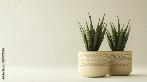 A minimalist image of handcrafted plant pots with geometric designs isolated on a white background.--ar 16:9