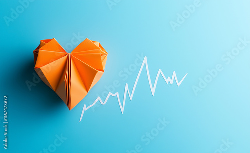 An orange origami heart next to a white heartbeat line on a blue background, symbolizing health, love, and life. photo