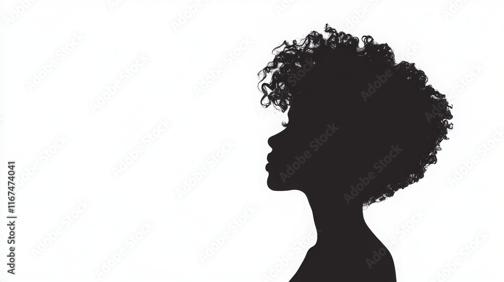 black silhouette of an african american woman, curley hair, white background, 16:9
