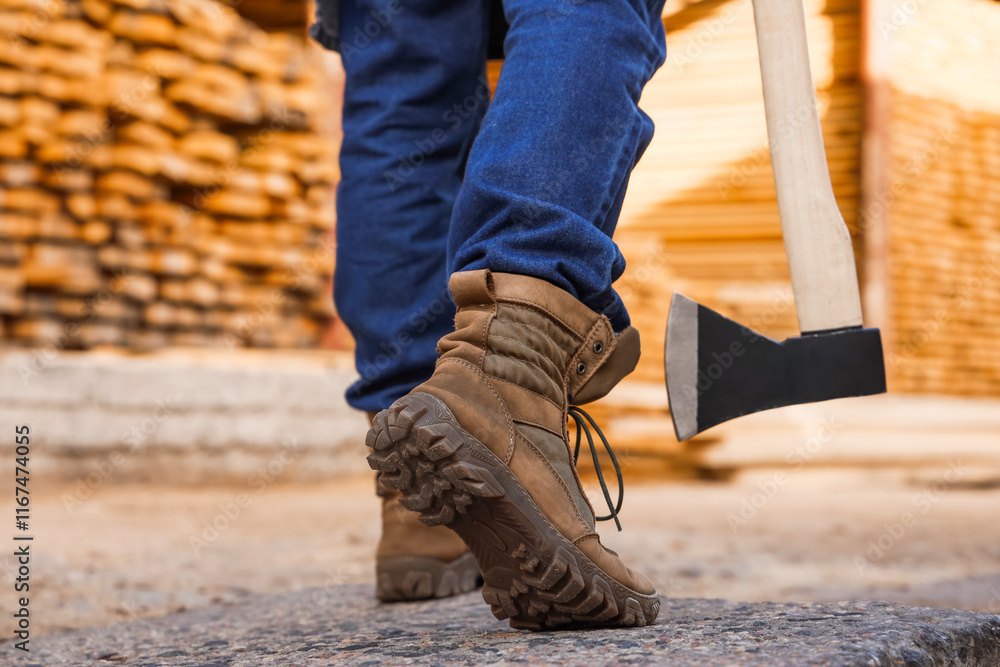Male carpenter with axe walking at sawmill, back view Male carpenter with axe walking at sawmill, back view