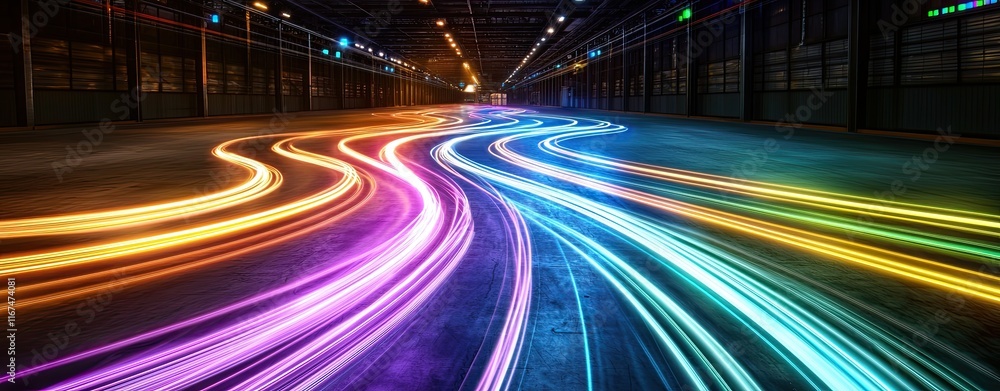 Fototapeta premium Digital Dashboards for Efficient Cargo Tracking and Management, a light painting view of colorful streaks of light forming dynamic data flow lines across a darkened logistics hub