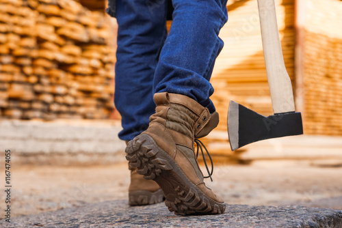 Male carpenter with axe walking at sawmill, back view photo